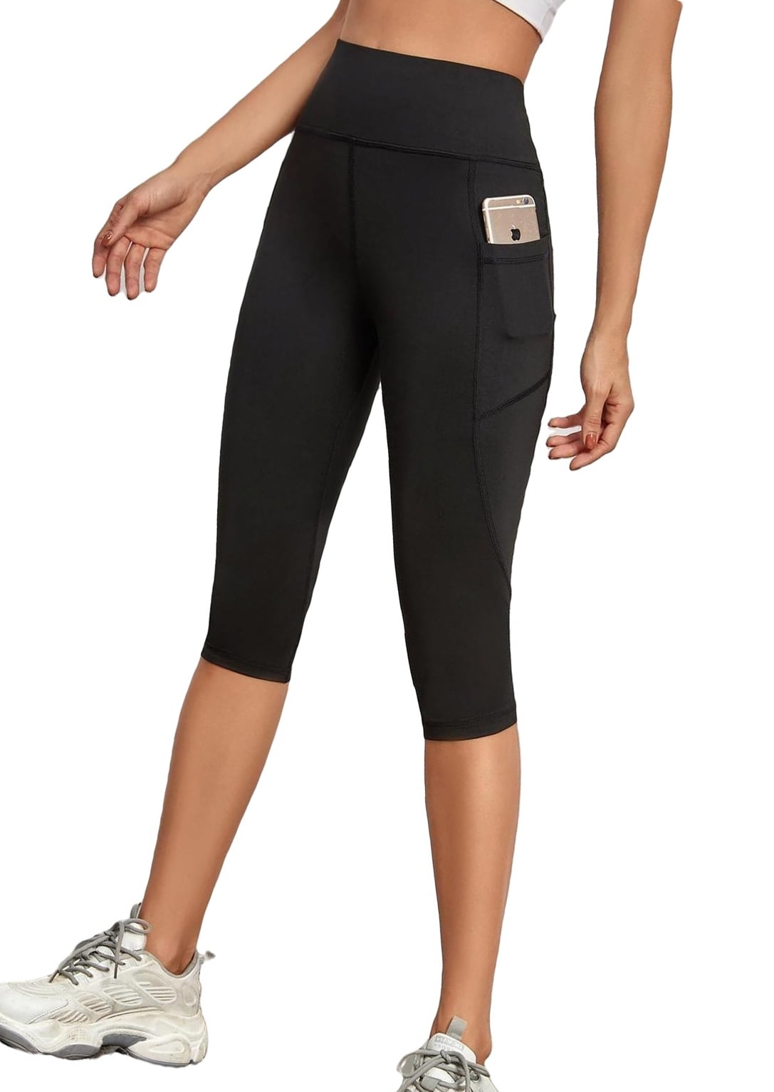 Solid Regular Black Capris Women's Sports Leggings With Phone Pocket