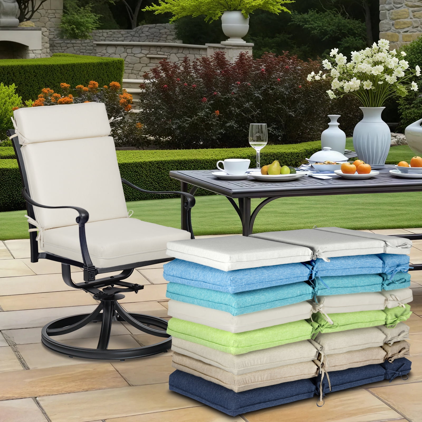 BPS Outdoor High Back Dining Chair Cushion Set, 44"x21"x3.2", TPU Water Repellent Coating&Stain Resistant, Polyester Fabric Cover with Ties and Zipper, Ivory, Set of 4