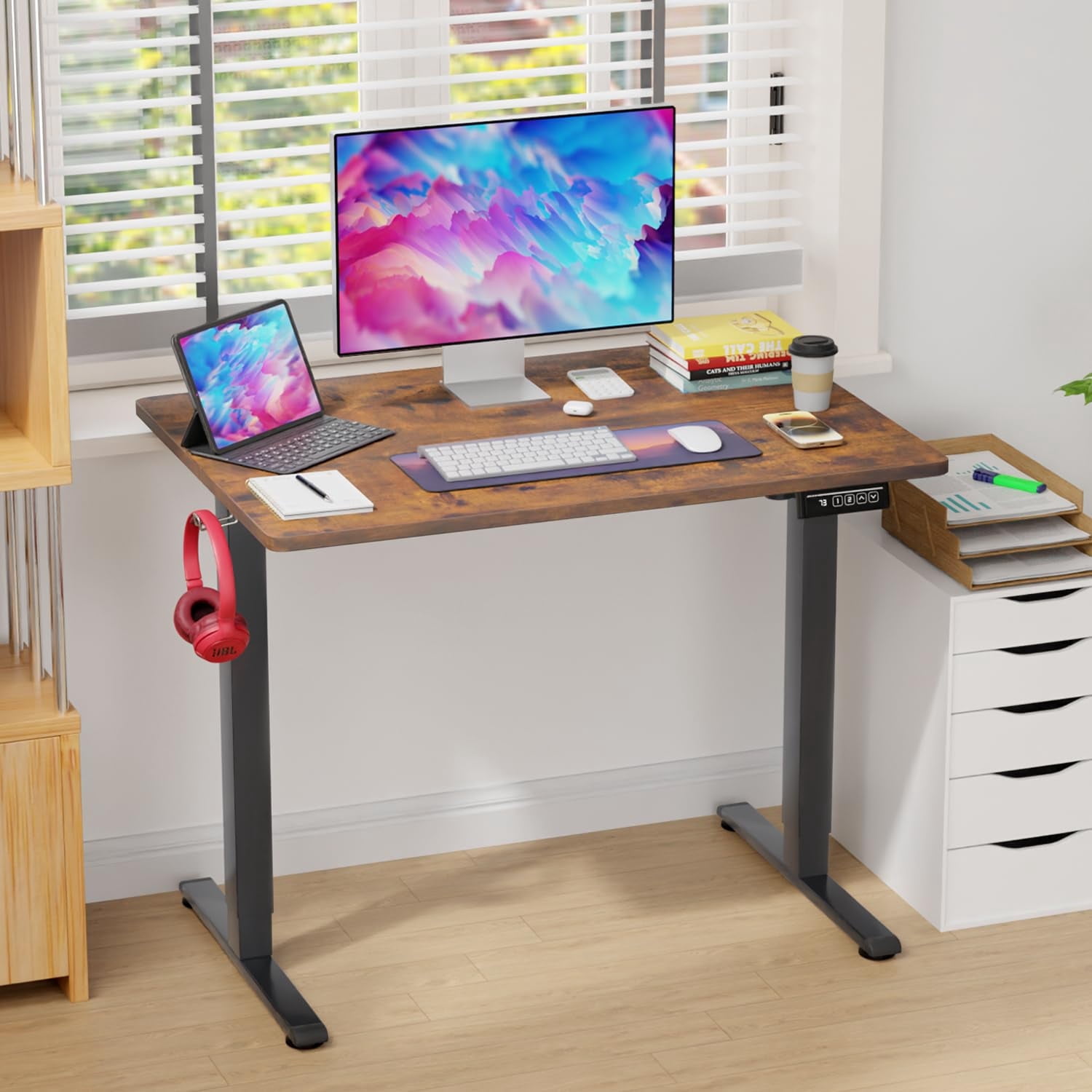 YRLLENSDAN Rising Work Desk for Home Office, Electric Standing Desk Adjustable Height, Ergonomic Office Table Desk for Small Spaces, Computer Gaming Table Desk that Raises Up and Down, Brown 40 Inch