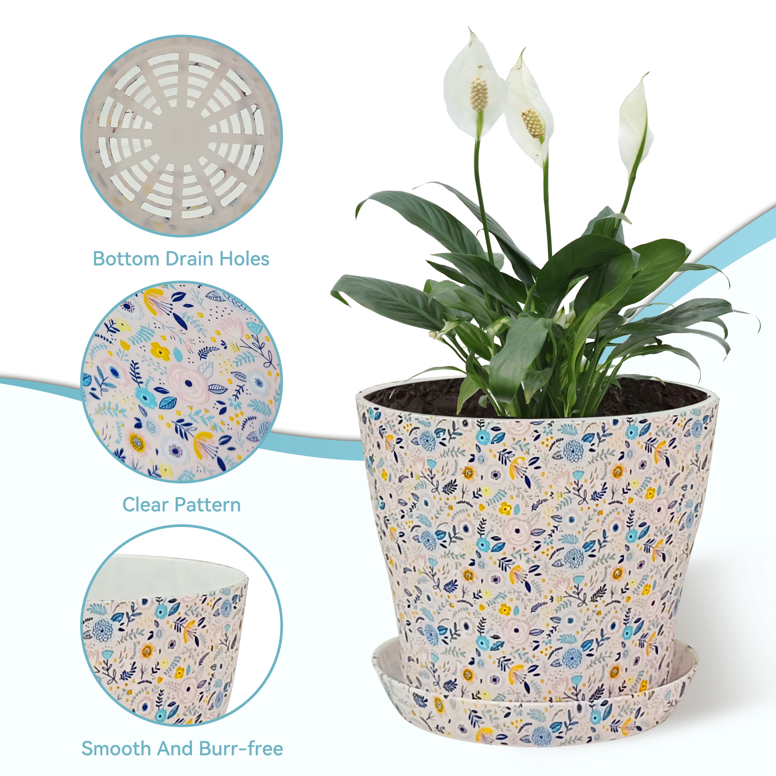 Set of 4 Plastic Printed Planters with Drainage Holes and Saucers,Diam 4.7Inch Home Decor Flower Pots for Indoor Planter - Plastic Planters Pot for Indoor Plants, Cactus, Succulents