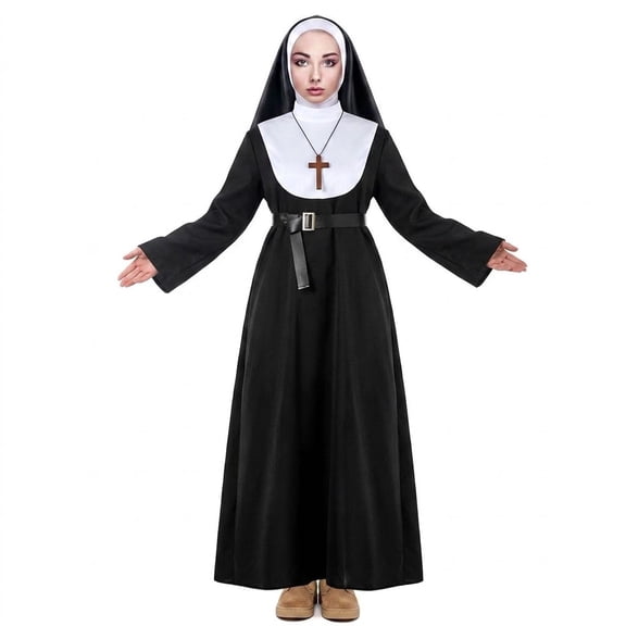 Women's Nun Cosplay Costume, Black Long Robe With Nun Headpiece And White Collar, for Halloween Party, Stage Performance And Photoshoot Black M