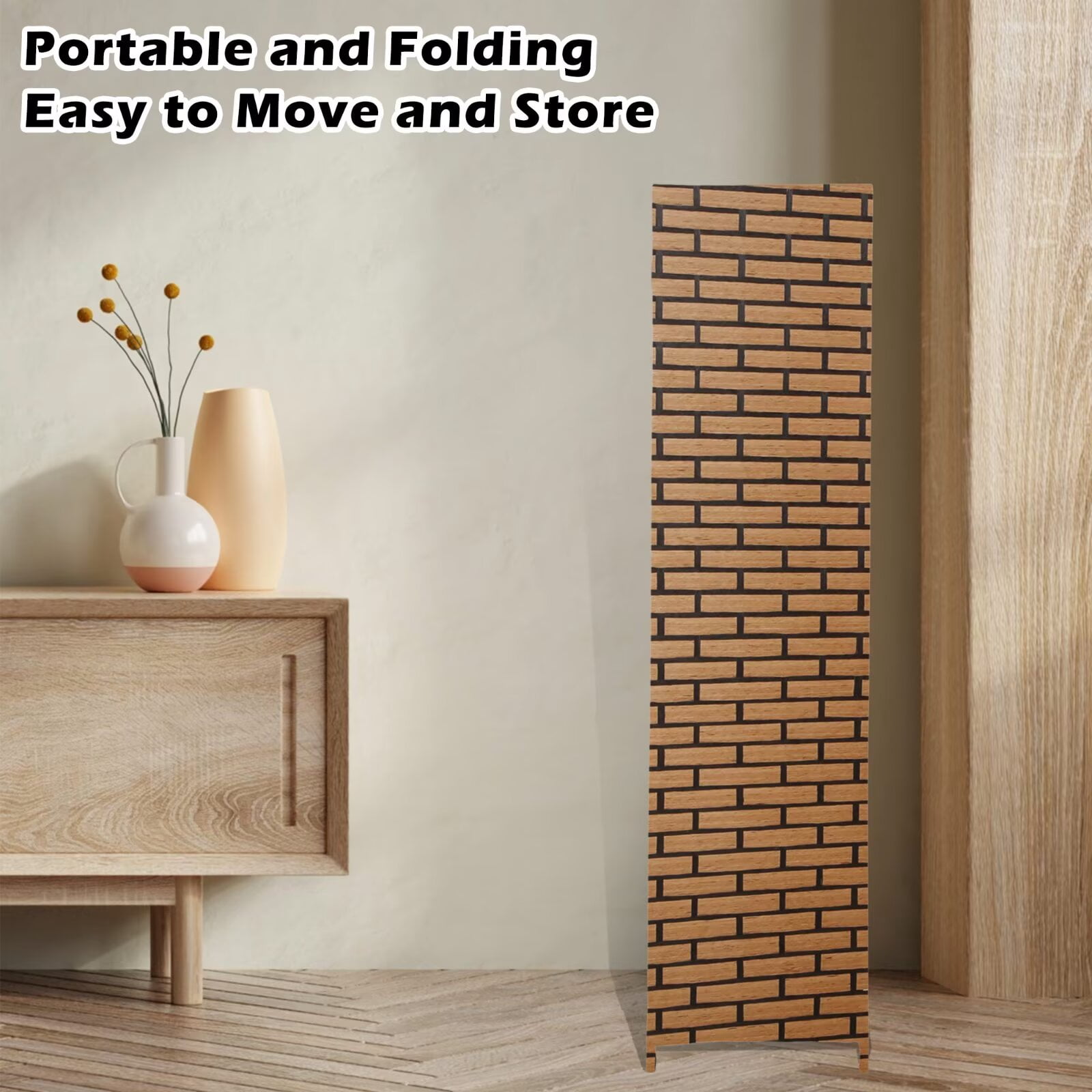 4 Panel Room Dividers Foldable Privacy Screen Decorative Indoor Screen 6TF Wooden Office Dividers Partition Wall for Home, Office, Bedroom, Brick