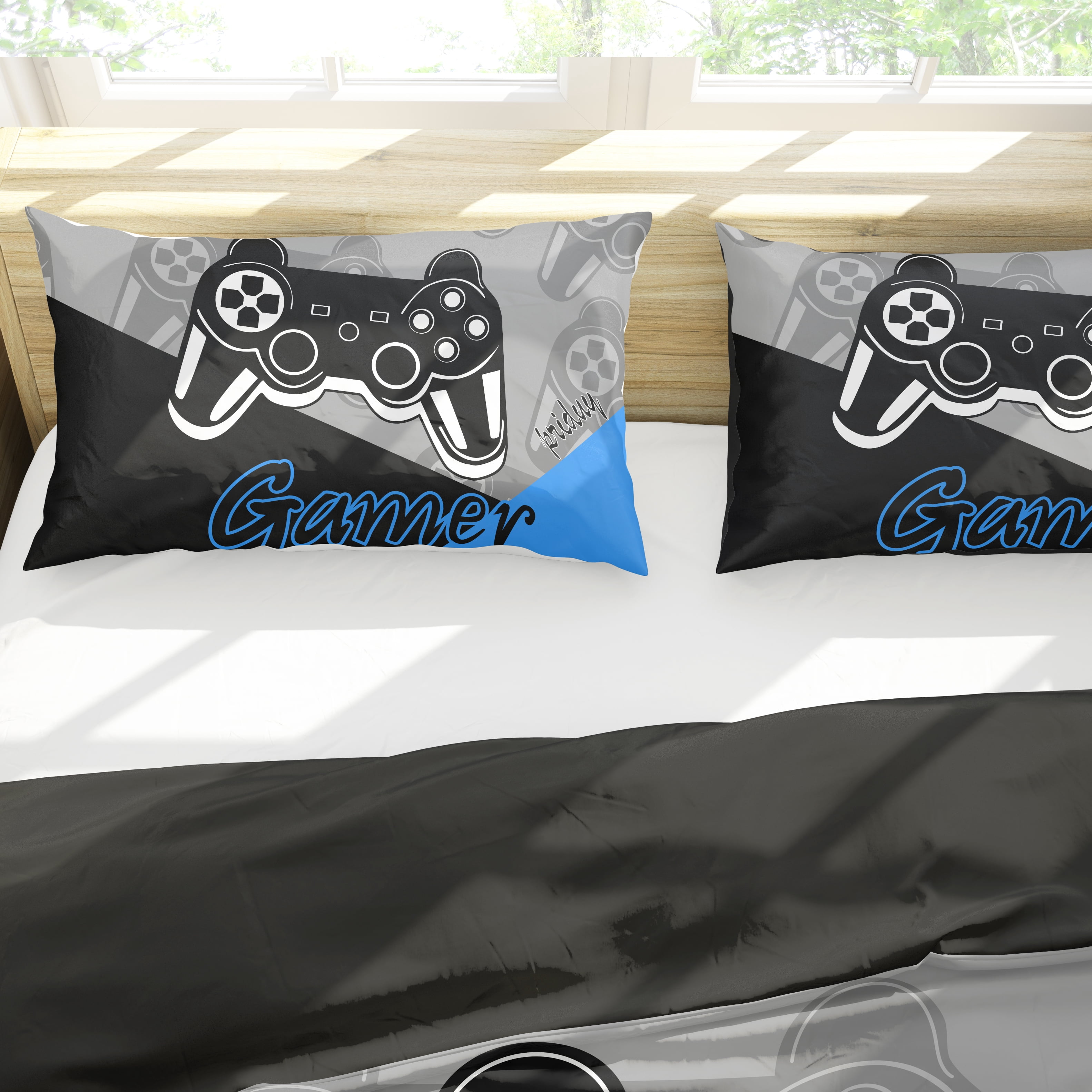 Psoiuetr Gaming Comforter for Kids Boys Teens Video Game Bedding Set Gamer Comforter Gamepad Comforter Set Queen Size Blue Black Gray 3 Pieces