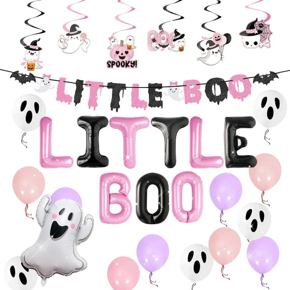 Pink Halloween Little Boo Balloon Little Boo Banner Ghost Balloons for Baby Shower Birthday Party Halloween Party Decoration