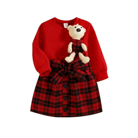 

Gwiyeopda Kids Baby Girls Christmas Skirt Set Long Sleeve Crew Neck Bear Doll Sweatshirt + Plaid Skirt + Belt