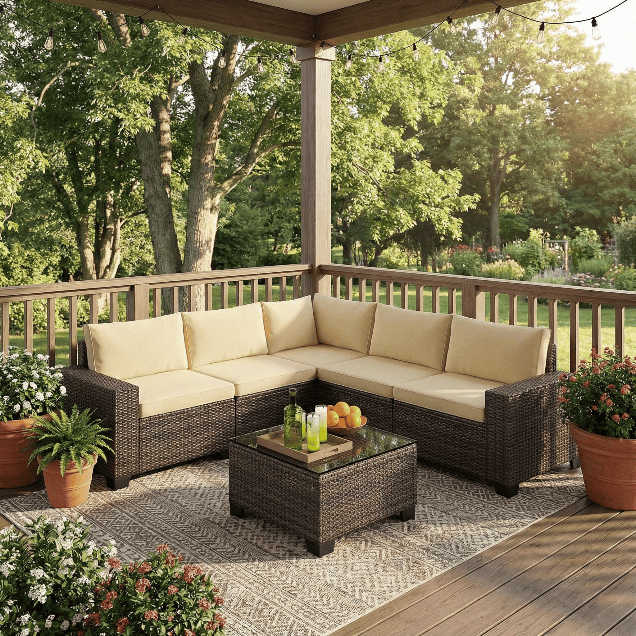 Aiho 6 Pieces Patio Conversation Set, Outdoor Sectional Sofa with All-Weather PE Rattan Wicker, Beige Cushioned Seating for Backyard, Garden, Poolside