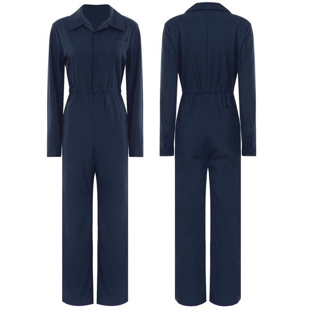 Aislor Combinaison Décontractée à Manches Courtes pour Femmes, Col Rabattu, Manches Longues, Couleur Unie, Bleu Marine TG