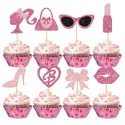 32 PCS Glitter Pink Princess Cupcake Toppers Girl Cupcake Picks Handbag Glasses Bow Tie Lipstick High Heel Cake Decorations for Girl Princess Theme Bridal Shower Wedding Birthday Party Supplies