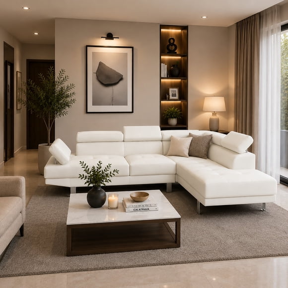 Cosmic Homes Grayson 3-Seater Leather Upholstered Sectional Sofa with LHF Chaise - White
