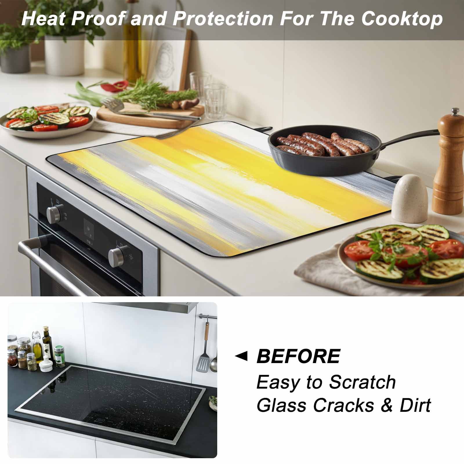 Yellow Grey Stove Top Cover for Electric Stove, Heat-proof & Non Slip Glass Top Stove Cover Protector, Modern Oil Painting Abstract Art Kitchen Flat Cooktop Rubber Mat 24x21 Inches