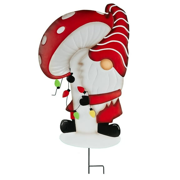 The Lakeside Collection 32 Inch H Christmas Gnome Garden Stakes, Mushroom with Lights