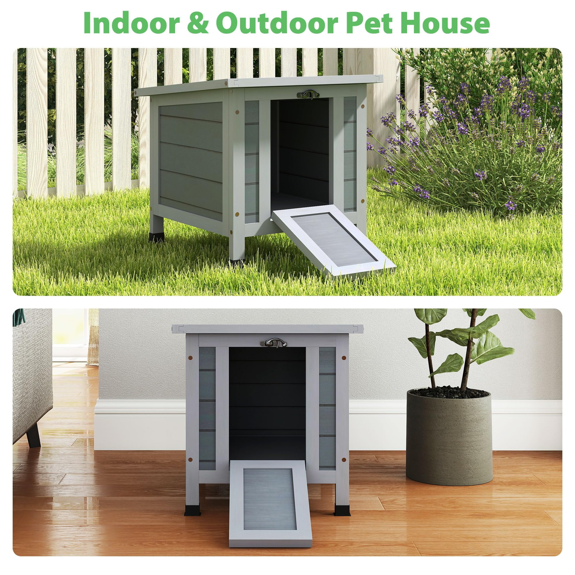 Rabbit hutch, outdoor cat house, weatherproof indoor rabbit hutch with opening door, portable small animal shelter with non-slip ramp