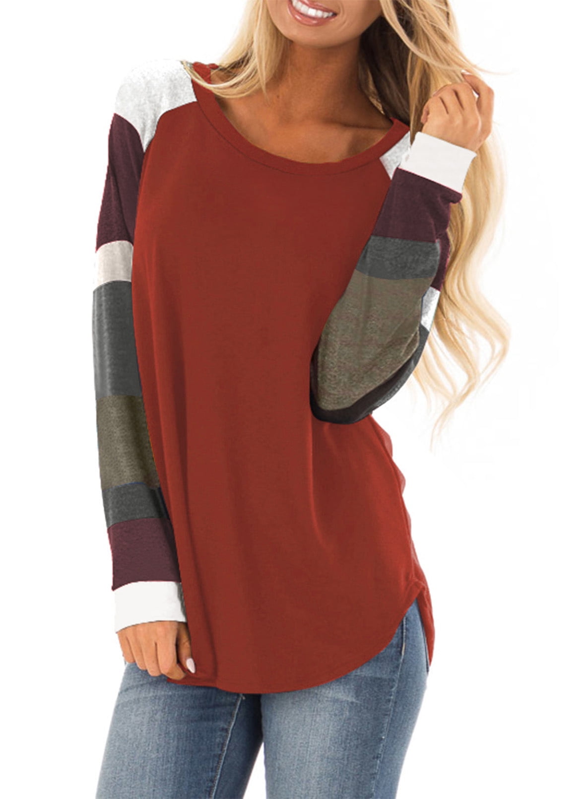 Womens Blouses Casual Long Sleeve Crewneck Color Block Tunic T-Shirts Loose Fall Pullover Tops 