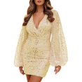 thumbnail image 1 of New Years Eve Dresses For Women Deep V Neck Sequin Sleeve Waist Slim Mini Swing Solid Party Dress, 1 of 4