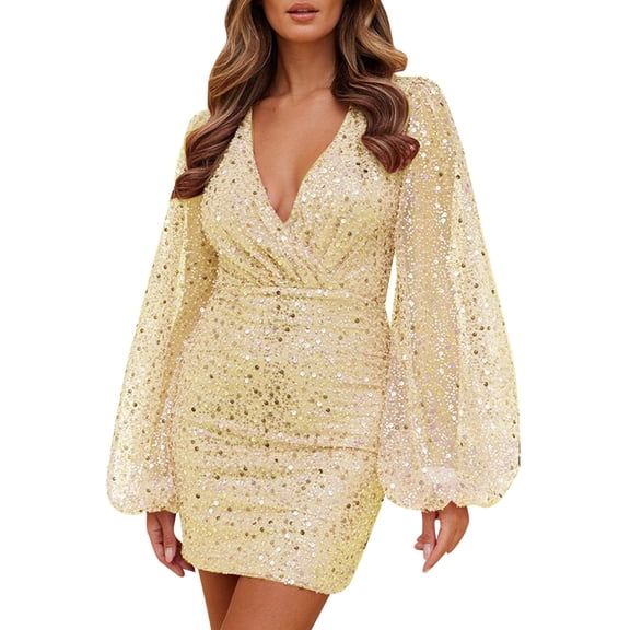 New Years Eve Dresses For Women Deep V Neck Sequin Sleeve Waist Slim Mini Swing Solid Party Dress