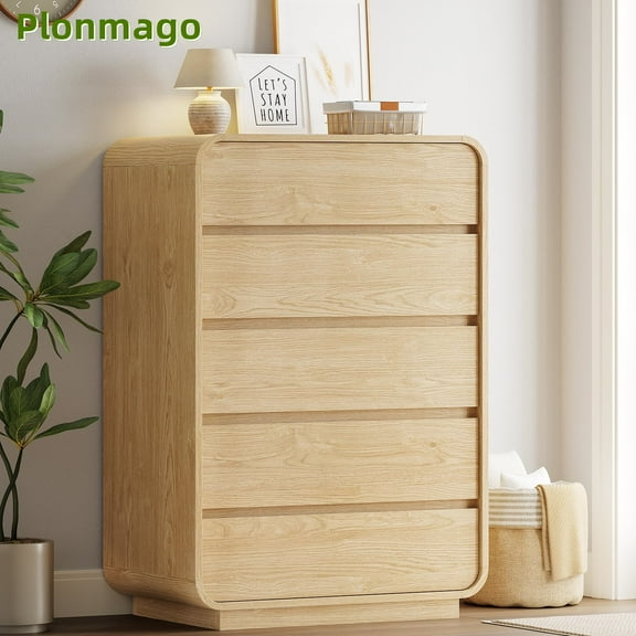 Plonmago 5 Drawers Dresser for Bedroom, 5 Drawers Vertical Dressers & Chests of Drawers,Curved Profile Design, Wood Mid Century Modern Dresser for Bedroom, Living Room, Natural Oak