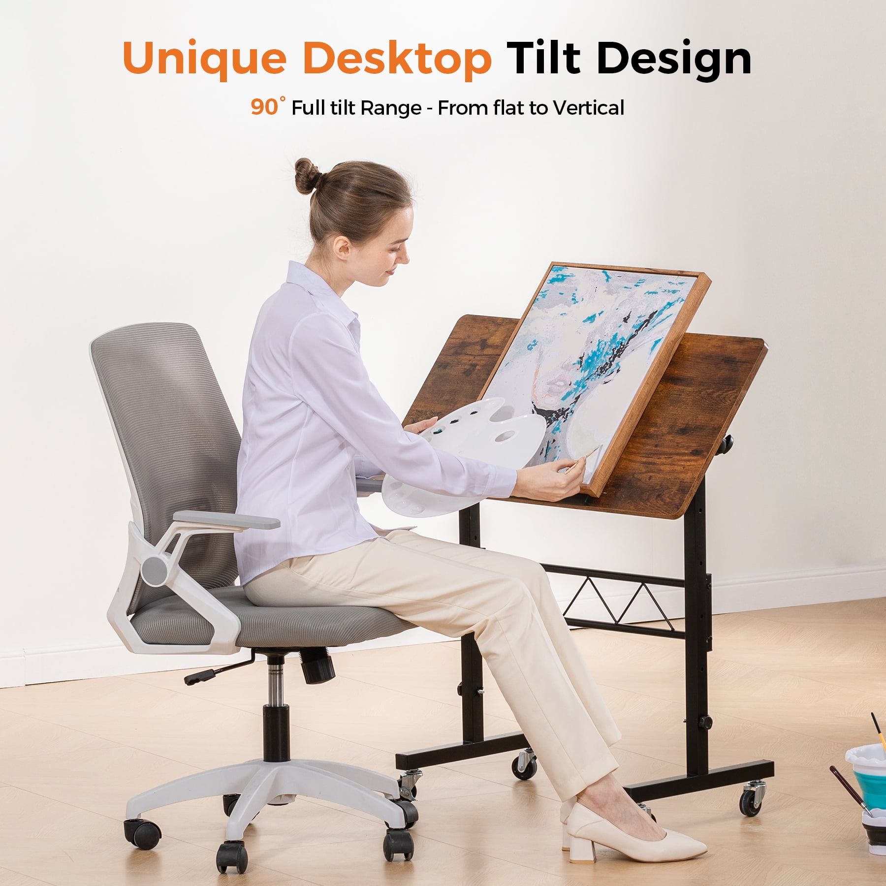 EXRACING Portable Standing Desk with Tiltable Top, Small Mobile Laptop Table with 31.5" x 15.75" Surface, Rolling Desk for Home Office or Walking Pad, Brown