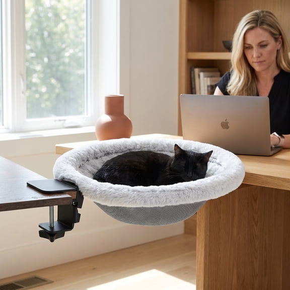 Cat Desk Bed - One-Click Folding,Sunken Design & Space-Saving Semi-Circular Cat Bed, Soft Faux Rabbit Fur Material, Suitable for Various Desktops-Maximum Hold Up to 40lb