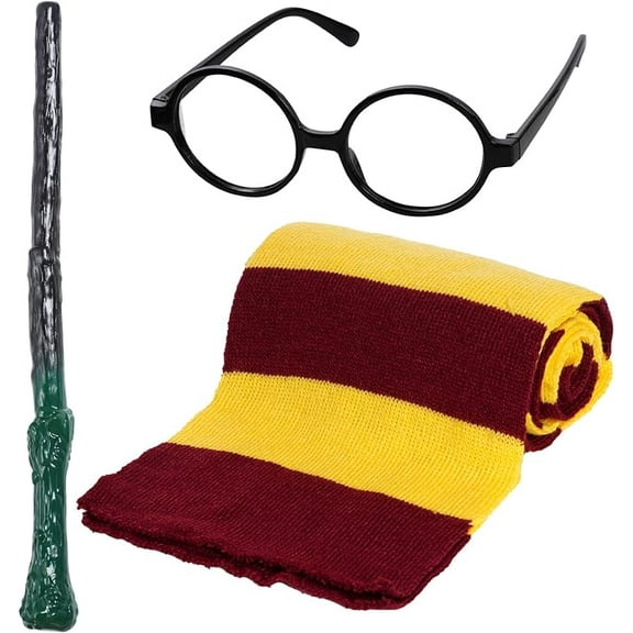 Wizard Costume Set Novelty Wizard Glasses Striped Knit Scarf and Magic Wand Cosplay