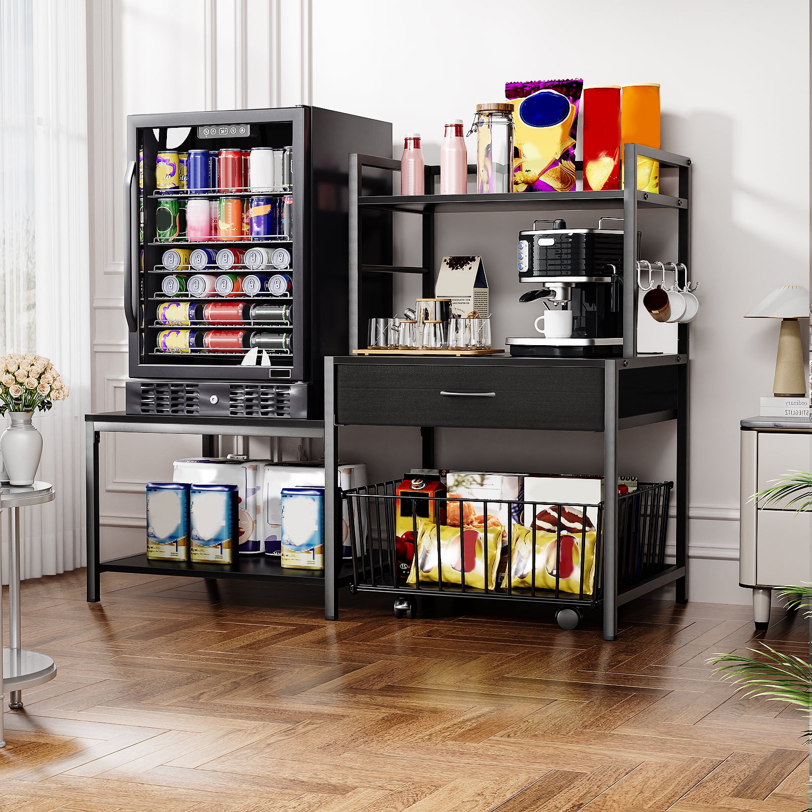 ModFurne Mini Fridge Stand with Storage, Mini Refrigerator Stand with Power Outlet, Wine Fridge Table with Movable Storage Basket for Dorm Home Use (Black)