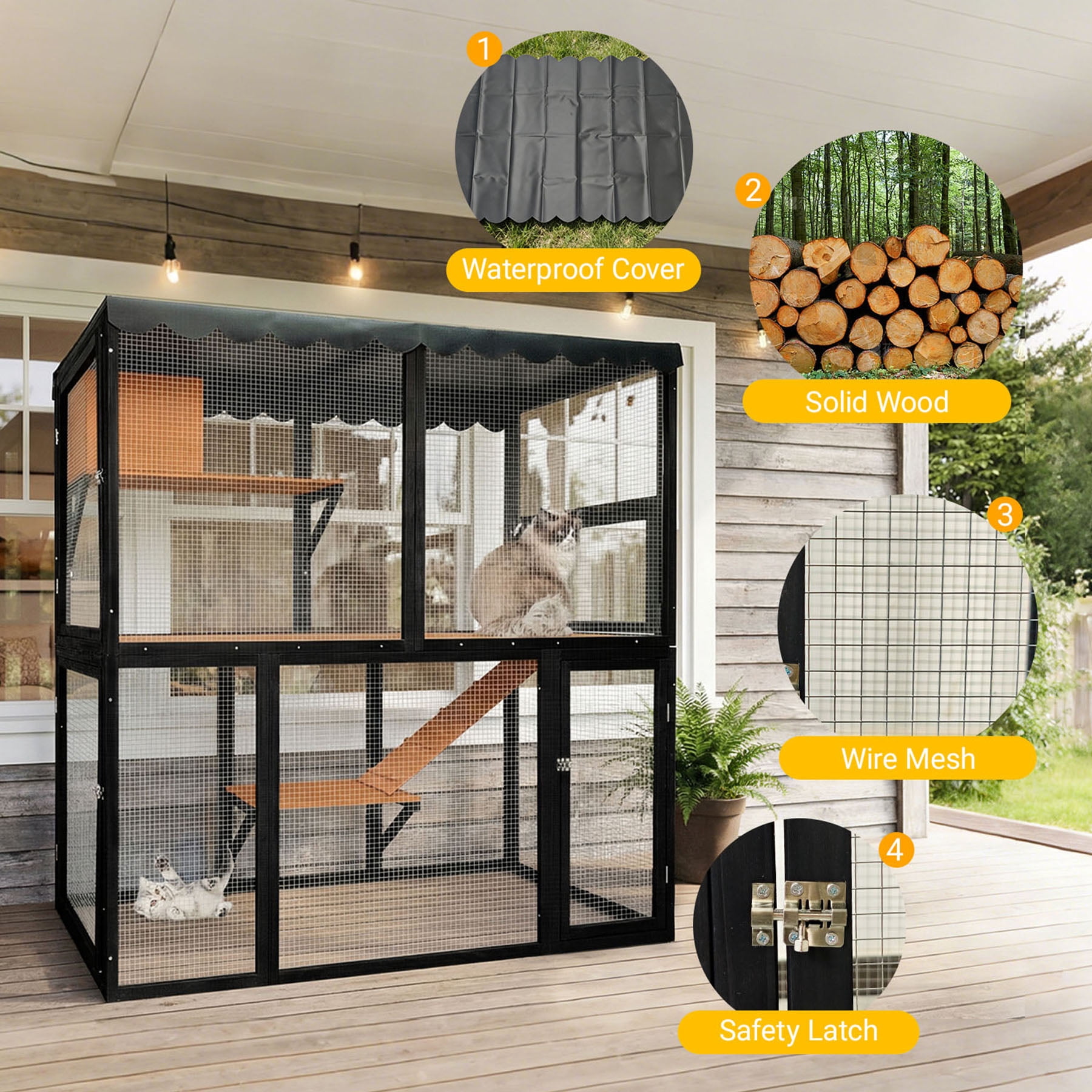S-HOME Large Four-Tier Wooden Cat Enclosure in Black and Orange with Waterproof Cover and Ramp for Multiple Cats Indoor Outdoor Playhouse