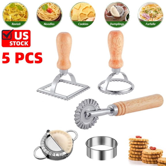 Ravioli Pasta Cutter Wheel 5 Pack, Ravioli Makers with Roller Ravioli Cutter Stamp Set with Wooden Handle, Pasta Press Wheel Pasta Maker Tools For Pasta Making Dumplings, Pierogi