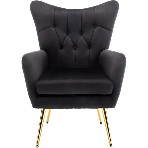 US Pride Furniture Modern Chic Mid-Century Velvet Accent Armchair for Button-Tufted Wingback Design with Gold Flared Legs Black