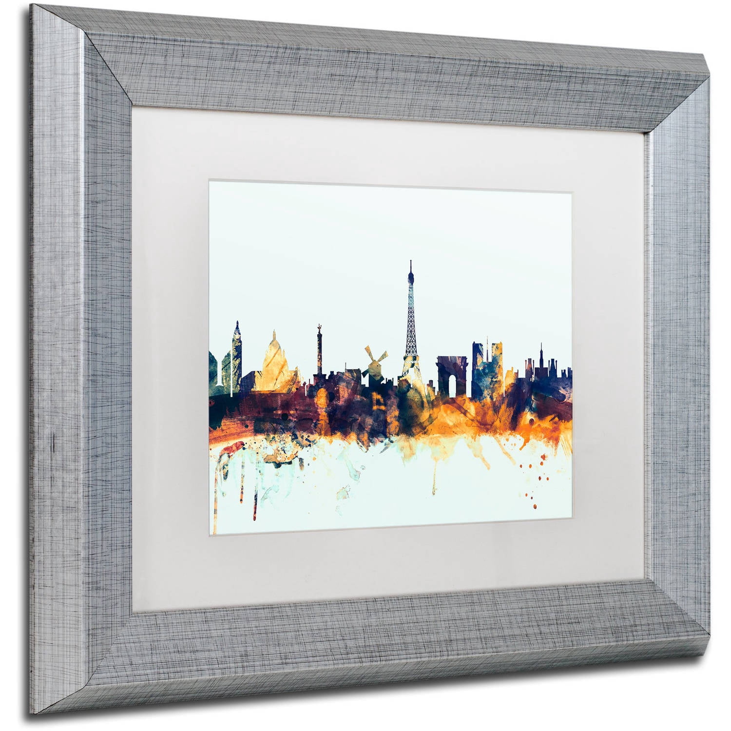Trademark Fine Art "Paris France Skyline Blue" Canvas Art by Michael Tompsett, White Matte, Silver Frame