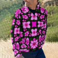 thumbnail image 2 of Pink Flowers on Black Men's Stand Collar Sweater Long Sleeve Clothing Loose Fit Sports Sweater, 2 of 8
