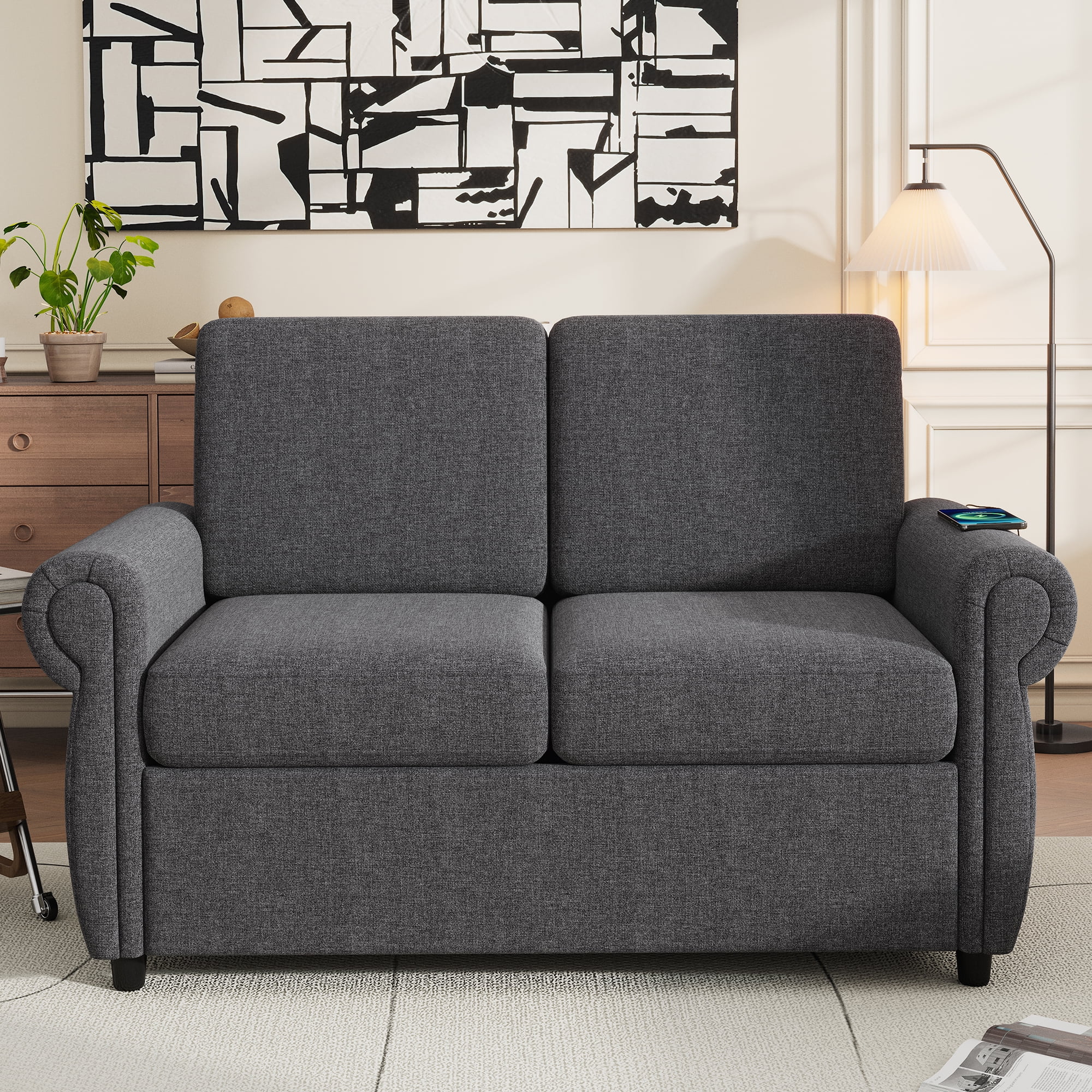 Harper & Bright Designs Pull Out Couch Bed with Memory Mattress, Twin Size Convertible Sofa Bed with USB Ports, Loveseat Sleeper for Living Room Apartment, Grey