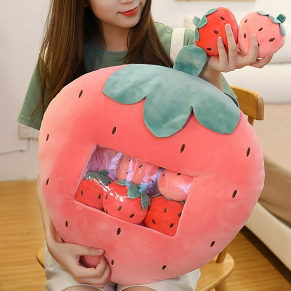 Stuffed Strawberry Pillow under $5! Yannianjz Strawberry Throw Pillow with 8 Removable Stuffed Toys, Plush Fruit Decor for Kids Room, Halloween Christmas Gift Idea