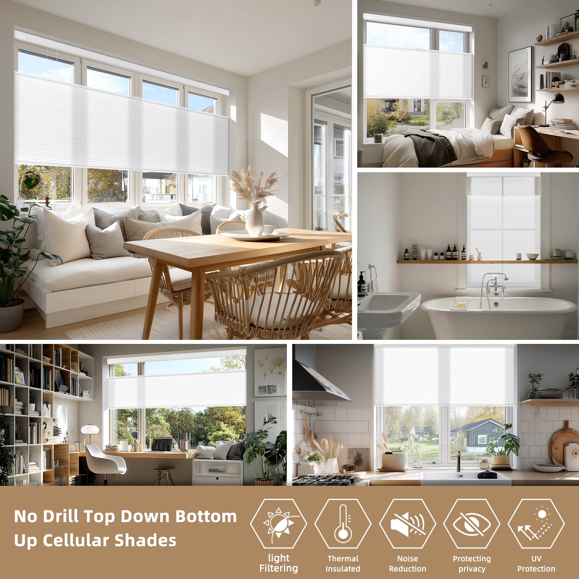 BERISSA No Drill No Tools Cellular Shades Top Down Bottom Up Honeycomb Blinds Blackout Cordless Window Blinds Easy to Install Cellular Shade for Windows,White,34" W x 48" H