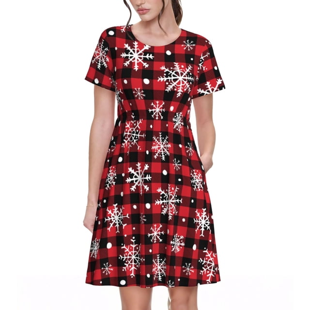 Fotbe Buffalo Plaid Snowflakes Vestido Largo de Moda para Mujer, Vestido Tipo Camiseta con Manga Corta y Estilo Casual a Rayas y Bloques de Color