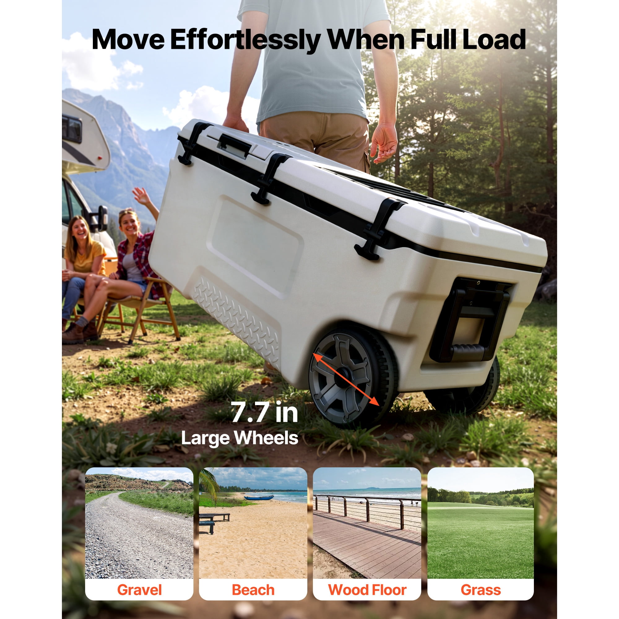 KFFKFF 106QT Portable Rolling Cooler with Wheels, Insulated Chest for 48-Hour Ice Retention, Lightweight and Leak-Resistant Design for Camping, Picnics, and Outdoor Grilling