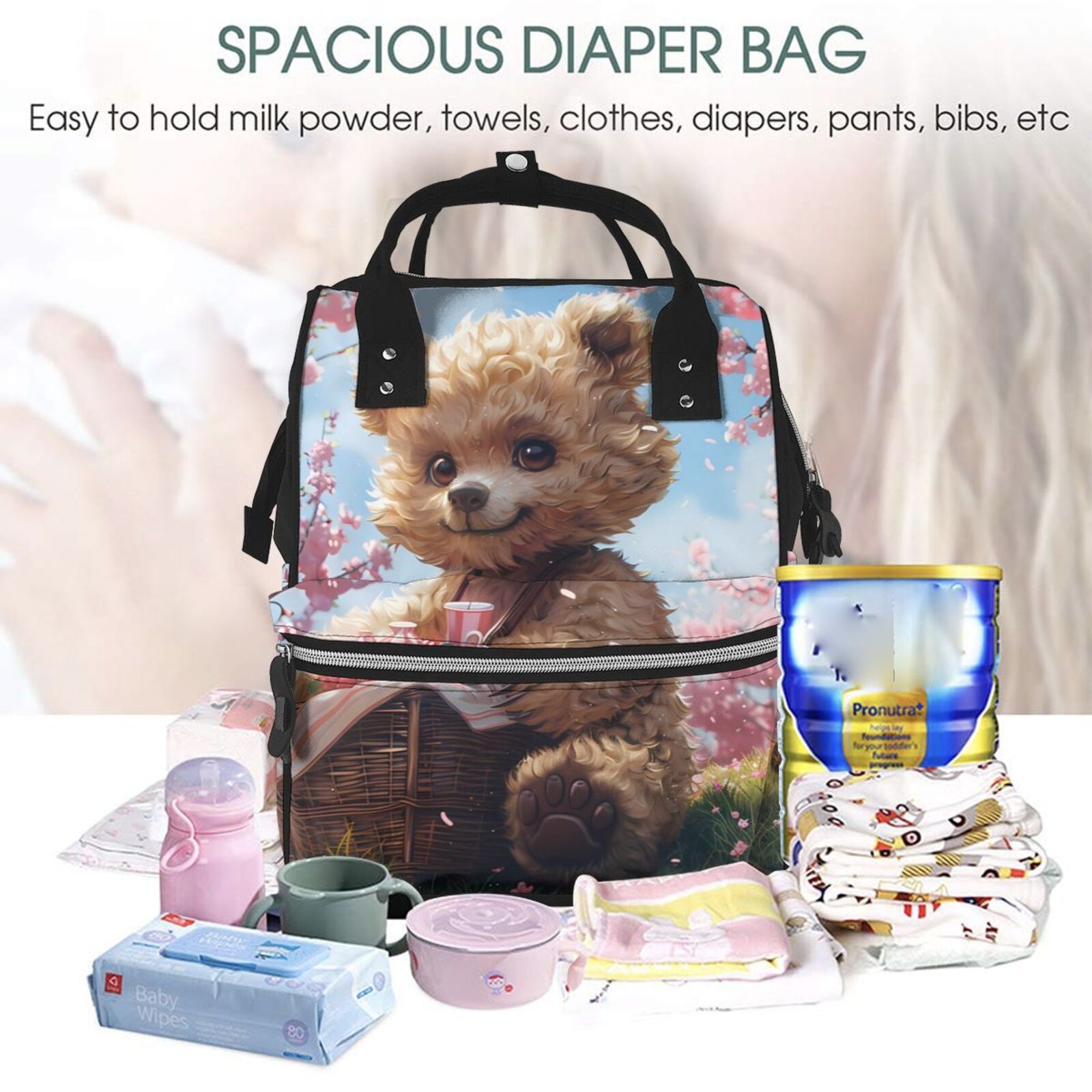 Fuzoiu Romantic Floral Bear Print Diaper Bag Backpack,Baby Essentials Travel Tote,Multi function Waterproof Diaper Bag, Travel Essentials Baby Bag - Unisex