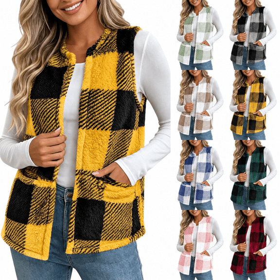 Yutgune Women's Plaid Sherpa Vest Open Front Sleeveless Fleece Jacket with Pockets Casual Fall Winter Outerwear