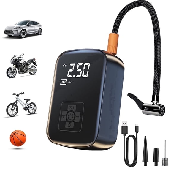 Portable Bike Pump & Tire Inflator, Cordless Electric Pump for Bicycle, E-Bike, Motorcycle, Balls with LED Light, Digital Gauge