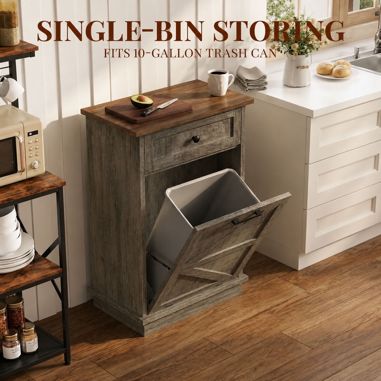 MAYEERTY Farmhouse Storage Cabinet with Drawer, Tilt Out Trash Can Cabinet for 10 Gallon Bin, for Kitchen, Laundry, Living Room, Office