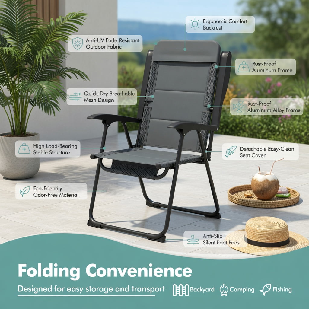 Hommoo 2-Pack Foldable Outdoor Patio Chairs with 7-Position Adjustable Backrest, Heavy-Duty Steel Frame, Breathable Oxford Fabric, for Backyard, Bistro, Camping & Balcony, Gray