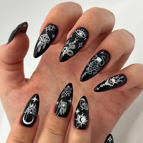 shiyou-Press on Nails Medium Almond, Acrylic Nails Press on Fake Nails with Glue,Gel Acrylic False Nail for Women Girls in 24 PCS (Black White Star Moon)