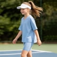 thumbnail image 5 of SGFCWSX Girls 2 Piece Outfits V Neck Oversized Short Sleeve T-shirt and Biker Shorts Set Summer Casual Soft Loungewear for Kids Light Blue Size 9, 5 of 6