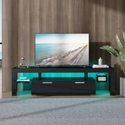 Black TV Stand for 75 Inch TV, Modern High Glossy Cabinet with Remote Control 16 Colors LED Lights, Living Room TV Console Table with Storage Drawers and Shelves, Entertainment Center, 63" x 14" x 18"