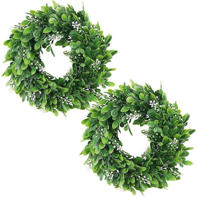 2PCS Artificial Green Leaves Wreath, 11" Faux Boxwood Wreath Farmhouse Greenery Wreath, Round Eucalyptus Wreath Outdoor Green Wreath for Front Door Wa