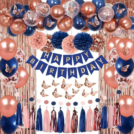Rose Gold and Navy Blue Birthday Party Decorations for Women with Happy Birthday Banner,Curtains, Butterfly Wall,Circle Dots Garland,Tissue Pompoms,Paper Tassels Garland Birthday for Her