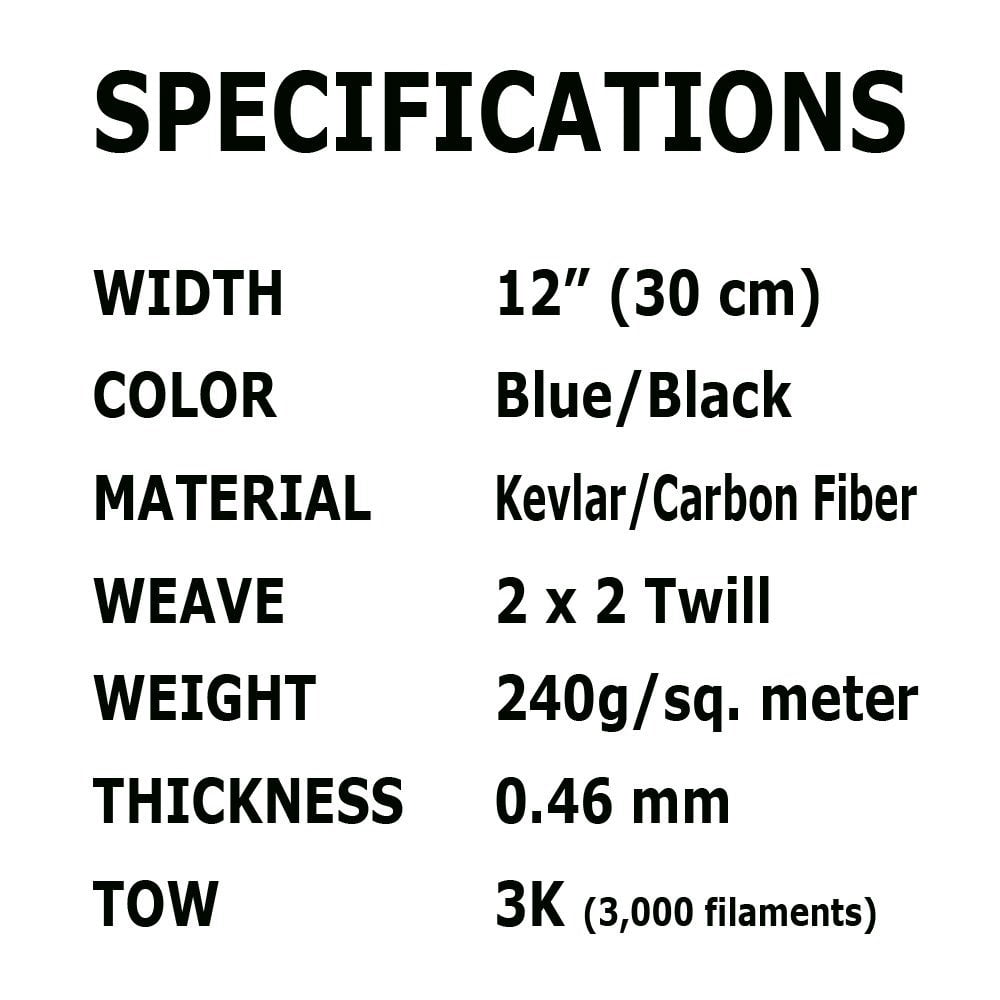 12" x 10 FT - KEVLAR FABRIC-2x2 TWILL WEAVE-3K/240g Blue