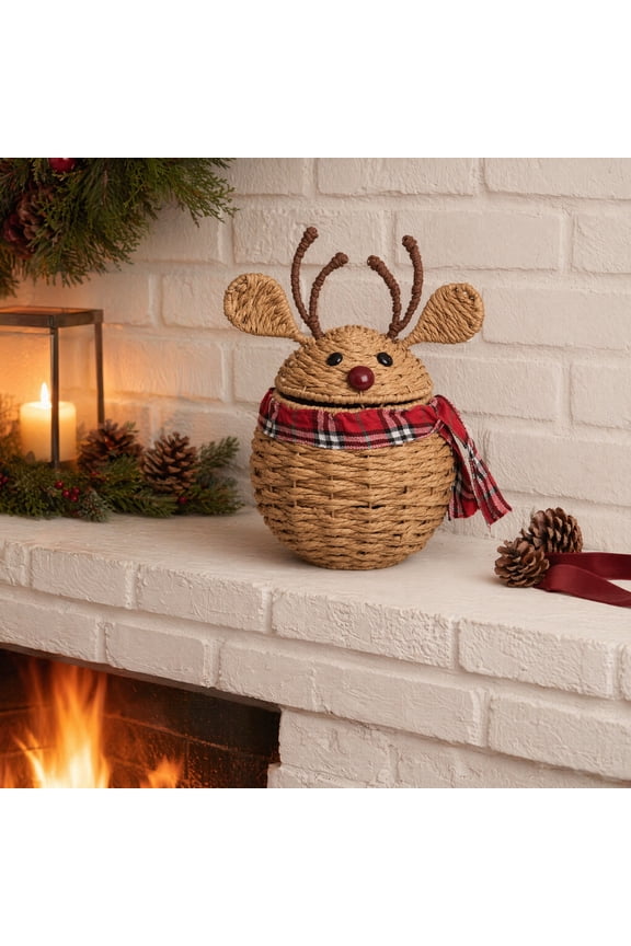 Christmas Decoration Reindeer Woven Rope Basket with Detachable Antlers, 10 Inch Cute Christmas Decor Candy Bowl Holiday Treat Bucket Tabletop Storage Organizer