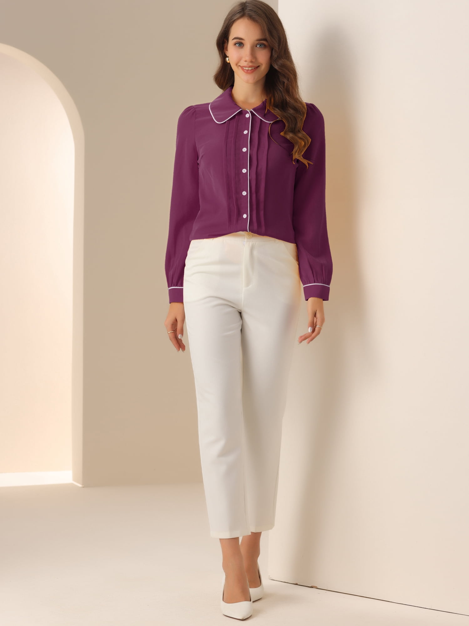 DARING DIVA Women's Collar Shirt Long Sleeve Elegant Button Down Blouse M Dark Purple