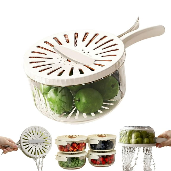 6.1in Multi Purpose Drain Basket with Lid - 2 in 1 Draining and Preservation Basket, Fruit Strainer & Fruit Washing Bowl with Strainer for Kitchen, Fridge, Picnic Camping,Brown