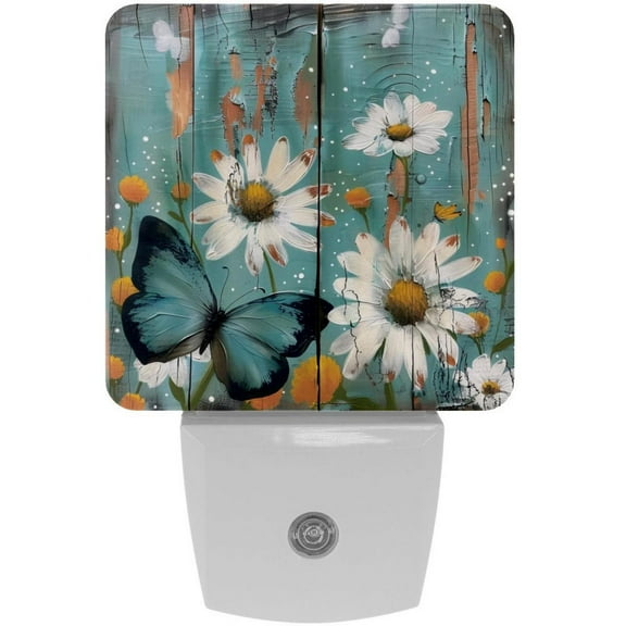 PhooArto Wooden Board Teal Daisy Butterfly Pattern Plug in LED Night Light Auto Sensor Dusk to Dawn Decorative Night for Bedroom, Bathroom, Kitchen, Hallway, Stairs, Baby's Room, Energy Saving