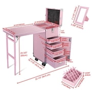 Byootique Nail Desk Mobile Station Rolling Makeup Train Case Manicure Table with Telescopic Handle, Pink
